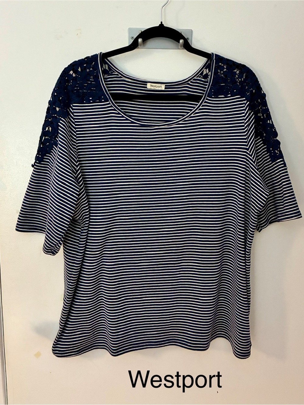 254 Westport Navy & White Striped Tee with Crochet Shoulders